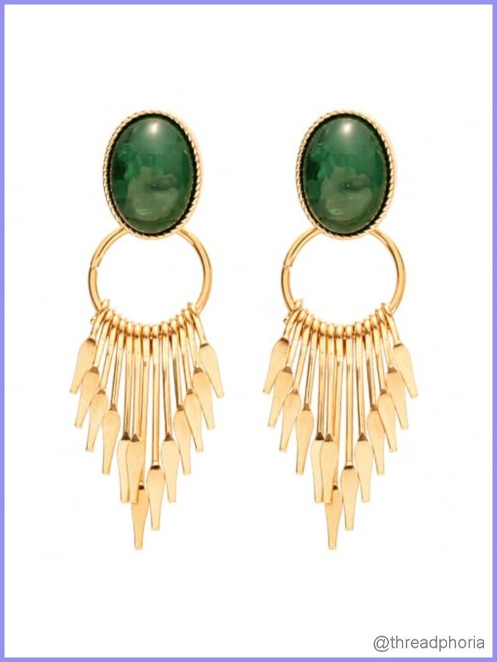 Green Stone Tassel Earrings Gold Hoop Drop Dangle Boho Statement Jewelry